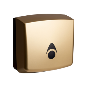 Matte brass 100% recycled Myriad washroom hand towel dispenser with a modern key-lockable design, recessed stock-level window, and single-towel dispensing for interleaved, C-fold, or Z-fold towels.
