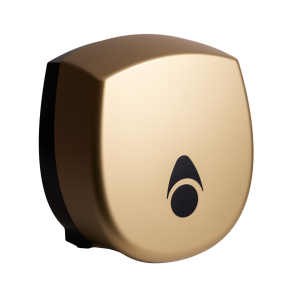 Matte brass 100% recycled Myriad small 8” washroom jumbo toilet tissue dispenser with a modern key-lockable design, recessed stock-level window, and capacity for 110mm perforated or non-perforated rolls.