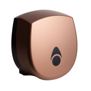 Matte copper 100% recycled Myriad small 8” washroom jumbo toilet tissue dispenser with a modern key-lockable design, recessed stock-level window, and capacity for 110mm perforated or non-perforated rolls.