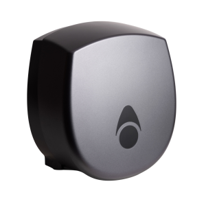 Matte graphite 100% recycled Myriad small 8” washroom jumbo toilet tissue dispenser with a modern key-lockable design, recessed stock-level window, and capacity for 110mm perforated or non-perforated rolls.