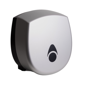 Matte Silver 100% recycled Myriad small 8” washroom jumbo toilet tissue dispenser with a modern key-lockable design, recessed stock-level window, and capacity for 110mm perforated or non-perforated rolls.