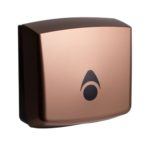 Matte copper 100% recycled Myriad washroom hand towel dispenser with a modern key-lockable design, recessed stock-level window, and single-towel dispensing for interleaved, C-fold, or Z-fold towels.