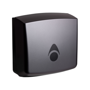 Matte graphite 100% recycled Myriad washroom hand towel dispenser with a modern key-lockable design, recessed stock-level window, and single-towel dispensing for interleaved, C-fold, or Z-fold towels.