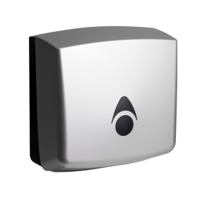 Matte silver 100% recycled Myriad washroom hand towel dispenser with a modern key-lockable design, recessed stock-level window, and single-towel dispensing for interleaved, C-fold, or Z-fold towels.