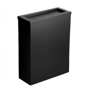 Matte black zinc-coated steel Opal 30L washroom waste bin with a spring-loaded flap lid, fixed bag strap, and compact slimline design, optional freestanding or wall-mountable with fixings included.