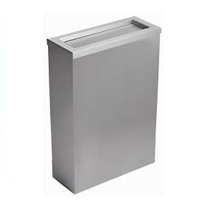 Brushed stainless steel Opal 30L washroom waste bin with a flap-style lid, fixed bag strap, and compact slimline design, optional freestanding or wall-mountable with fixings included.