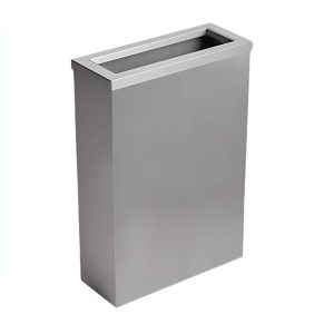 Brushed stainless steel Opal 30L washroom waste bin with a chute-style lid, fixed bag strap, and compact slimline design, optional freestanding or wall-mountable with fixings included.