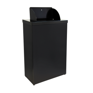 Matte black zinc-coated steel Opal 30L washroom waste bin with a spring-loaded flap lid, fixed bag strap, and compact slimline design, optional freestanding or wall-mountable with fixings included.