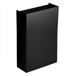 Matte black zinc-coated steel Opal 50L washroom waste bin with an open-top design, fixed bag strap, and compact slimline build, optional freestanding or wall-mountable with fixings included.