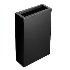 Matte black zinc-coated steel Opal 50L washroom waste bin with a chute-style lid, fixed bag strap, and compact slimline design, optional freestanding or wall-mountable with fixings included.