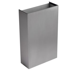 Brushed Stainless steel Opal 50L washroom waste bin with a chute-style lid, fixed bag strap, and compact slimline design, optional freestanding or wall-mountable with fixings included.
