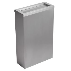 Stainless steel Opal 50L washroom waste bin with a flap-style lid, fixed bag strap, and compact slimline design, optional freestanding or wall-mountable with fixings included.