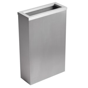 Stainless steel Opal 50L washroom waste bin with a chute-style lid, fixed bag strap, and compact slimline design, optional freestanding or wall-mountable with fixings included.