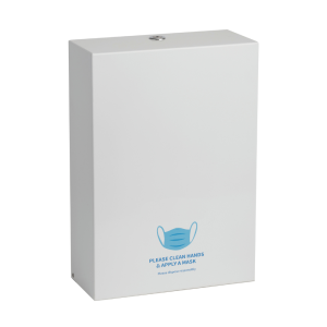 White gloss zinc-coated steel Opal large washroom mask dispenser with a key-lockable cover, low-profile chrome lock, and durable design for 200 disposable protective face masks.