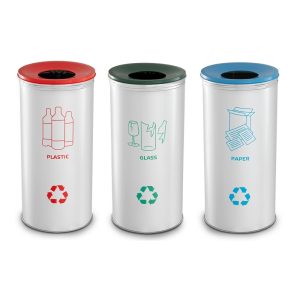 Polished 304 stainless steel Ecoline 150L washroom recycling waste bin set with three 50L chute-style compartments, lockable wheels, internal bag straps, and waste separation stickers for eco-friendly sorting.