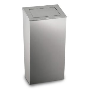 Stainless Steel push waste bin lid, 304 grade steel available in various sizes from 25 litre to 50 litre. Floor standing or wall mounted. Bad strap liner. open- close lid operation.