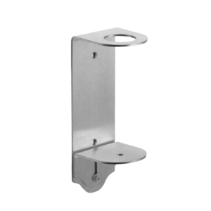 Brushed Steel 304 brushed stainless steel Opal washroom bottle holder, key-lockable, designed for secure storage of a single 300ml soap bottle with a slider for easy refilling.