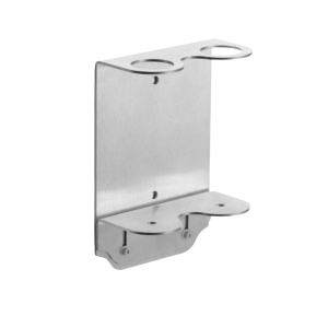 Brushed Steel 304 brushed stainless steel Opal washroom bottle holder, key-lockable, designed for secure storage of a 2x 300ml soap bottle with a slider for easy refilling.