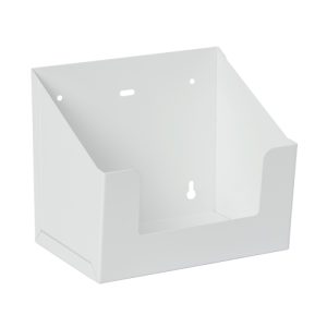 White gloss epoxy powder-coated mild steel 2L washroom bottle holder, wall-mountable with pre-set fixing holes, designed for easy storage of 2L bottles/jugs and hygienic floor clearance.