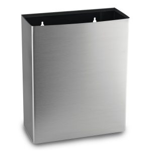 Brushed 304 stainless steel Ecoline 7L washroom waste bin with an open-top design, compact and versatile for freestanding or wall-mountable use in public areas, with fixings included.