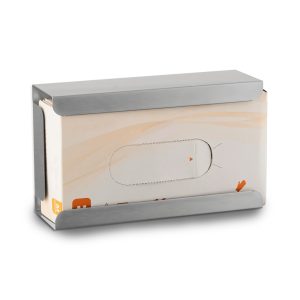 Brushed 304 stainless steel Ecoline washroom glove holder, wall-mountable, designed to hold one box of 100 medium latex gloves, with a hygienic, easy-to-clean finish.