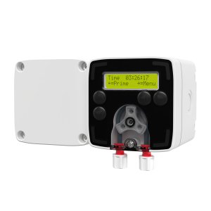 White Drain Watch dosing point system for washroom drain maintenance, IP65-rated for indoor/outdoor use, featuring an LCD digital interface, mounting bracket, and multi-lingual programming for timed chemical delivery.