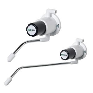 White Ecomini 30ml push-operated washroom detergent pump with a 125mm non-drip spout, swivel action for dual sinks, and optional 300mm spout, ideal for commercial kitchen hygiene.