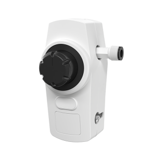 White Ecomix Compact low-flow 4L/min washroom chemical proportioner with push-and-hold operation, 12 dilution ratios, twist-and-lock bucket filling, and optional hanging bracket for 10L containers.