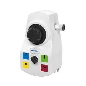 White Ecomulti Compact 4 Way low-flow 4L/min washroom chemical selector with four chemical channels, 12 dilution ratios, push-and-hold operation, and color-coded pictograms for precise dispensing.