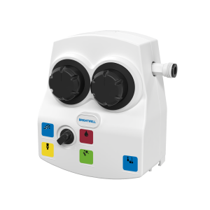White Ecomulti Compact 5 washroom chemical selector with four low-flow and two high-flow channels, featuring 12 dilution ratios, push-and-hold operation, and a compact design for versatile chemical dispensing.