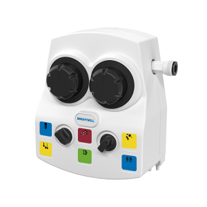 White BrightLogic OPL Laundry washroom dosing system with a compact design, featuring two to eight pumps for precise chemical delivery in commercial laundry applications.