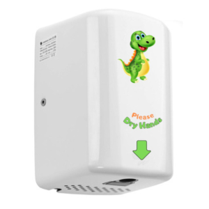 White matte steel Turbo Junior Plus Dexter washroom hand dryer with a compact design, colorful "Dexter" hygiene instructions, UV protection, debris-catching filters, and 10-15 second dry time for low-traffic settings.