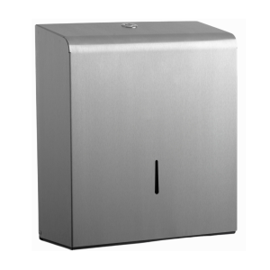 Brushed 304L stainless steel Opal Square 10” washroom tissue - Jumbo dispenser with a key-lockable hinged cover, front stock-level window, and durable design for 260mm perforated or non-perforated rolls.