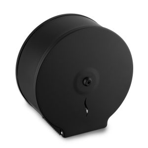 Matte black 304 stainless steel Ecoline Mini 10” washroom jumbo tissue dispenser with a compact design, key-lockable hinged cover, and front stock-level window for 250mm perforated or non-perforated rolls.