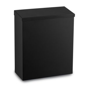 Black steel, feminine hygiene bin. Compact lid, waste bin.