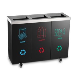 Matte black steel Intro 150L washroom recycling moveable waste bin set