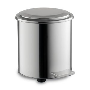Stainless steel industrial waste bin, wheels. Front angled view