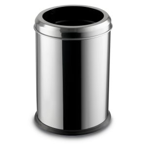 Polished 304 stainless steel Ecoline cylindrical washroom waste bin with an open lid, available in 3L, 5L, 8L, 12L, 16L, or 20L capacities, featuring a removable plastic liner and protective base.