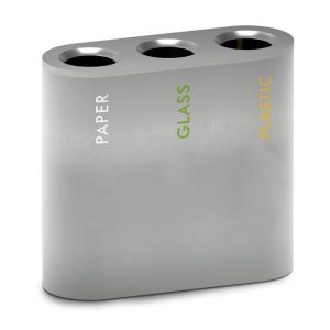 Polished 304 stainless steel Ecoline 90L cylindrical washroom recycling waste bin with three 30L chute-style compartments, locking system, and customizable graphics for efficient waste sorting in public areas.