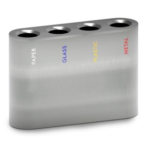 Polished 304 stainless steel Ecoline 120L cylindrical washroom recycling waste bin with four 30L chute-style compartments, locking system, and customizable graphics for efficient waste sorting in public areas.