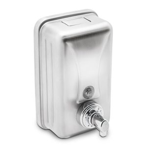 Brushed stainless steel ECOLINE vertical 1L washroom foam soap dispenser with a compact design, key-lockable cover, and front window for checking soap levels, ideal for commercial hygiene.