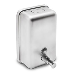 Brushed 304 stainless steel ECOLINE vertical 1L washroom liquid soap dispenser with a non-drip valve, key-lockable spring-loaded lid, and front stock-level window, ideal for high-traffic sanitizing.