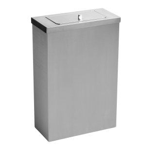 Brushed 304L stainless steel Opal 30L washroom sanitary waste bin with a slimline design, vanity chute-style lid to conceal waste, and optional freestanding or wall-mountable setup with fixings included.