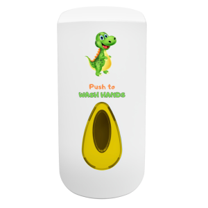 White ABS plastic Modular Dexter 900ml washroom soap dispenser with colorful hygiene instructions, key-lockable cover, customizable window color, and pumps for liquid, foam, or sanitizer dispensing.