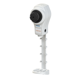 White-grey Ecoshot Bottle Fill non-twist washroom chemical dispenser with manual push operation, adjustable 5-30ml dosing, and optional lock-in cabinet for 1.5L pouches or 2L bottles.