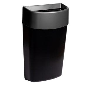 Matte graphite and black Myriad 25L washroom waste bin with a sleek, modern design, wall-mountable for space-saving, and easy-to-clean finish, ideal for high-end commercial washrooms.