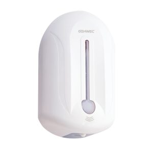 White matte ABS Genwec Auto 1.1L touch-free washroom soap dispenser with an infrared sensor, non-drip pump, level indicator, and key-lockable cover, ideal for hygienic hand sanitizing.