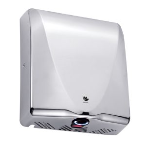 polished stainless chrome, 304 steel Bullet Dri washroom hand dryer with a slimline 100mm depth, HEPA filter, blue LED light, adjustable motor speed, and 10-15 second dry time for low-traffic commercial settings.