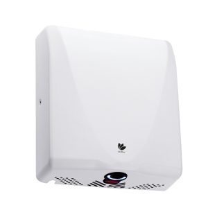 White matte steel Bullet Dri washroom hand dryer with a slimline 100mm depth, HEPA filter, blue LED light, adjustable motor speed, and 10-15 second dry time for low-traffic commercial settings.