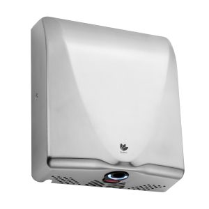 brushed 304 brushed stainless, bullet dri hand dryer, front angled view